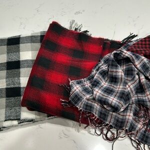 Eddie Bauer scarves. One cotton gauze 15x68 reversible. 2 acrylic 26x80